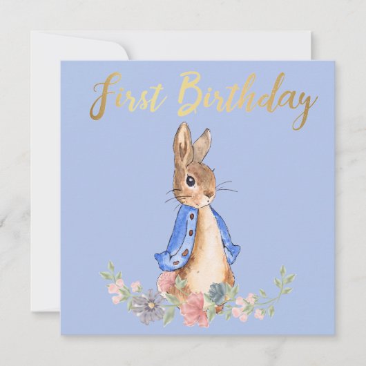 Peter the Rabbit met Gold First Birthday Text Kaart (Voorkant)