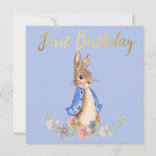 Peter the Rabbit met Gold First Birthday Text Kaart
