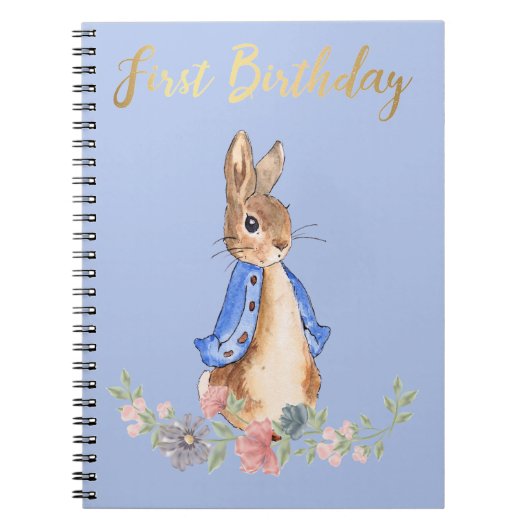 Peter the Rabbit met Gold First Birthday Text Notitieboek (Voorkant)