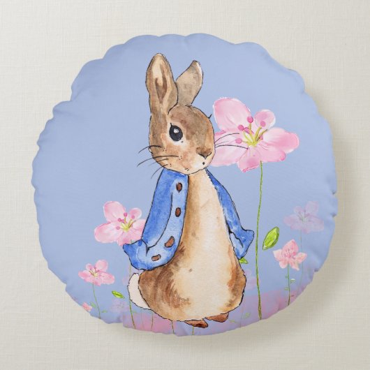 Peter the Rabbit met Pink Flowers Rond Kussen (Voorkant)