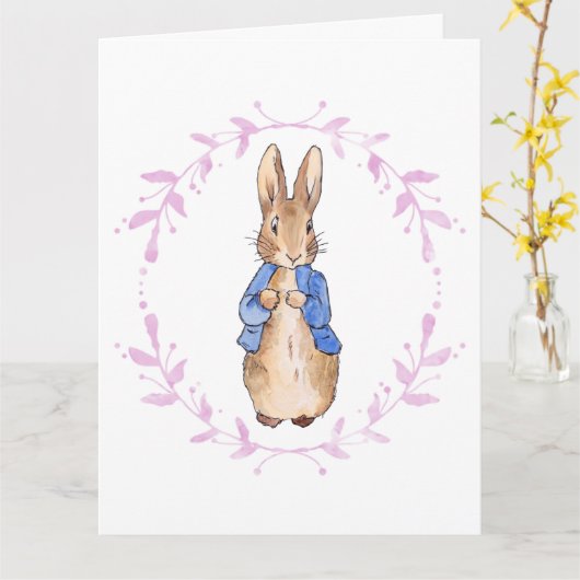 Peter the Rabbit met Pink leaf Wreath Kaart (Gele Bloem)