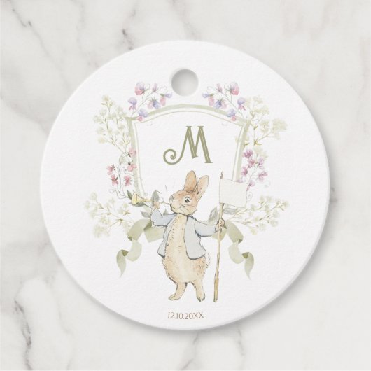 Peter the Rabbit Monogram Crest Gender Baby shower Bedankjes Labels (Voorkant)