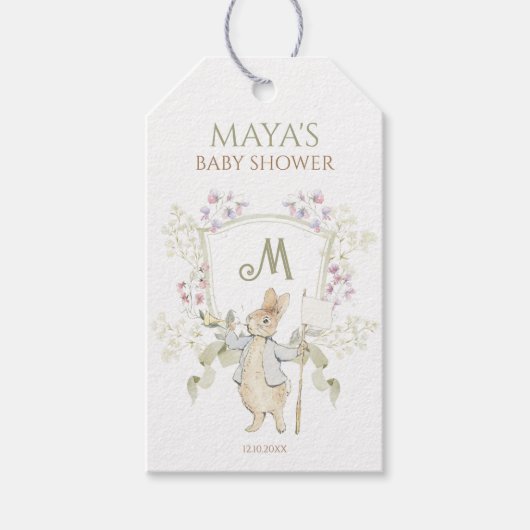 Peter the Rabbit Monogram Crest Gender Baby shower Cadeaulabel (Voorkant)