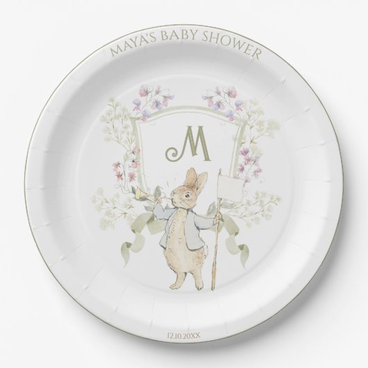 Peter the Rabbit Monogram Crest Gender Baby shower Papieren Bordje (Voorkant)