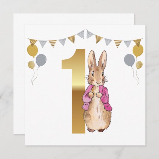 Peter the Rabbit Pink Jacket First Birthday Kaart (Voorkant / Achterkant)