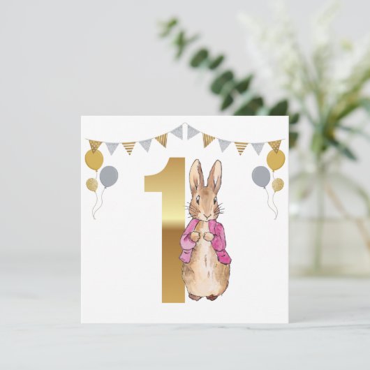 Peter the Rabbit Pink Jacket First Birthday Kaart (Staand voorkant)