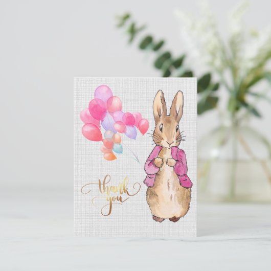 Peter the Rabbit Pink Jacket Grey Linen Bedankkaart (Staand voorkant)