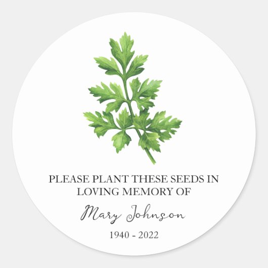 Peterselie Memorial Funeral Seed Packet Ronde Sticker (Voorkant)