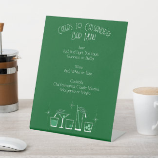 Petgraduatiefestijn donkergroene barmenu met hoedc reclamebord met voetstuk