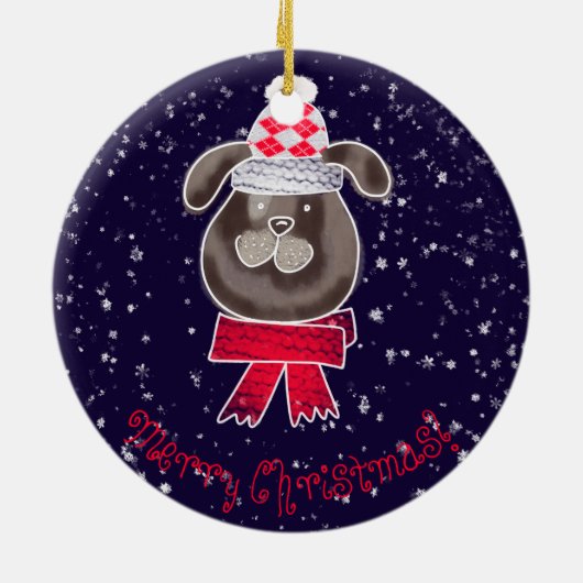 Petit chien de Noël avec une écharpe tricotée Keramisch Ornament (Achterkant)