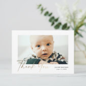 Petite Elegant Gold Script Baby Foto Bedankkaart (Staand voorkant)