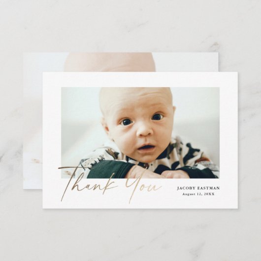 Petite Elegant Gold Script Baby Foto Bedankkaart (Voorkant / Achterkant)