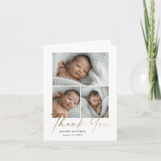 Petite Minimal Script 3 Foto Baby Bedankkaart (Voorkant)