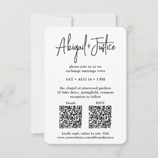 Petite minimal script All-in-One QR Photo Wedding Kaart (Voorkant)