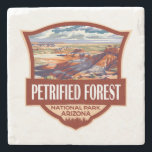 Petrified Forest National Park Illustratie Retro Stenen Onderzetter<br><div class="desc">Verzakt ontwerp van vectorillustraties van het bos. Het park bevindt zich in het noordoosten van Arizona en heeft grote afzettingen van hout dat aan versnijding onderhevig is.</div>