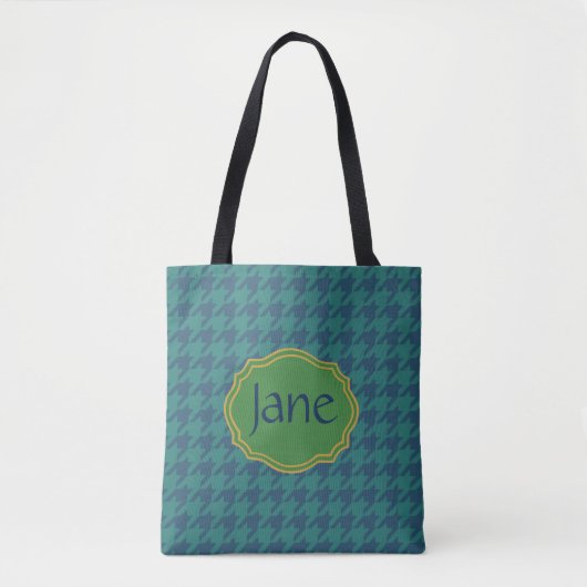 Petrol Leaf Houndstooth, gepersonaliseerd Tote Bag (Voorkant)