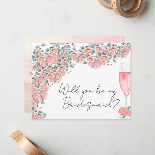 petroleumether en prosecco roze floral bridesmaid  notitiekaartje (Voorkant / Achterkant in situ)