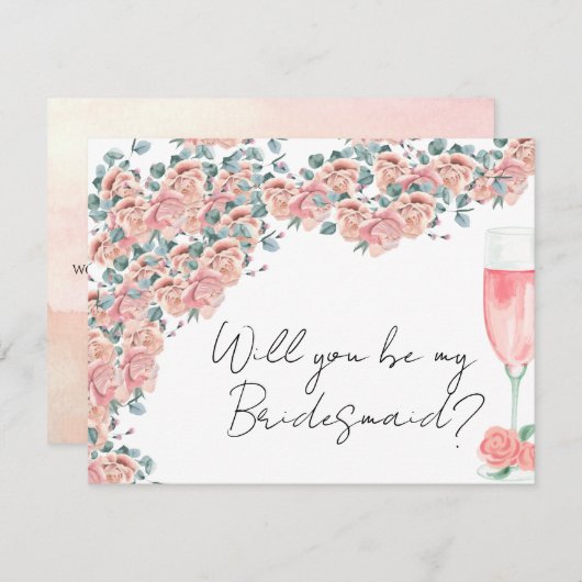 petroleumether en prosecco roze floral bridesmaid  notitiekaartje (Voorkant / Achterkant)