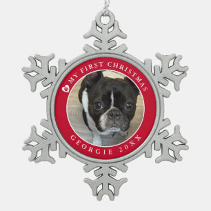 Pet's eerste kerstfoto tin sneeuwvlok ornament