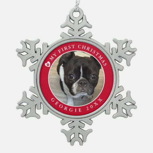 Pet's eerste kerstfoto tin sneeuwvlok ornament (Voorkant)