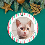 Pet's First Christmas 2 Foto Waterverf Stripes Keramisch Ornament<br><div class="desc">Vier de eerste kerstdagen van uw huisdier met dit feestelijke foto ornament ontwerp van waterverf kerstpaprika strepen in rood en groen. Dit is een 2 foto-ontwerp,  zodat u meerdere afbeeldingen van uw huisdier (voor en achter) kunt hebben. Pas de naam,  tekst en foto's aan. Bekijk het hele bijpassende collectie.</div>
