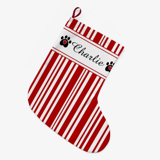 Pet's Paw Print and Candy Cane Stripes Grote Kerstsok (Voorkant (Hangend))