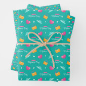 Petten, handtassen en harten Blauwgroen Moederdag Inpakpapier Vel (In situ)