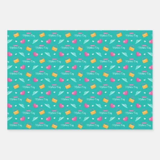 Petten, handtassen en harten Blauwgroen Moederdag Inpakpapier Vel (Voorkant)