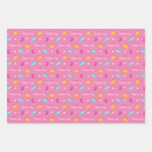 Petten, handtassen en harten roze Moederdag Inpakpapier Vel (Voorkant)
