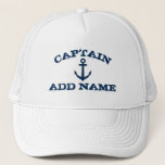 Petten met nautische anker en naam van de kapitein<br><div class="desc">Pet van de kapitein van de boot met nautisch anker en aangepaste naam. typografische sjabloon voor zeelieden. Maak je eigen gepersonaliseerde pet voor zeilen / koken. Navy blue ship anchor symbool met grijze tekst. Cute Birthday of Fathers Day gift idea voor mannen. Maak je eigen voor vader, oom, vader, broer,...</div>