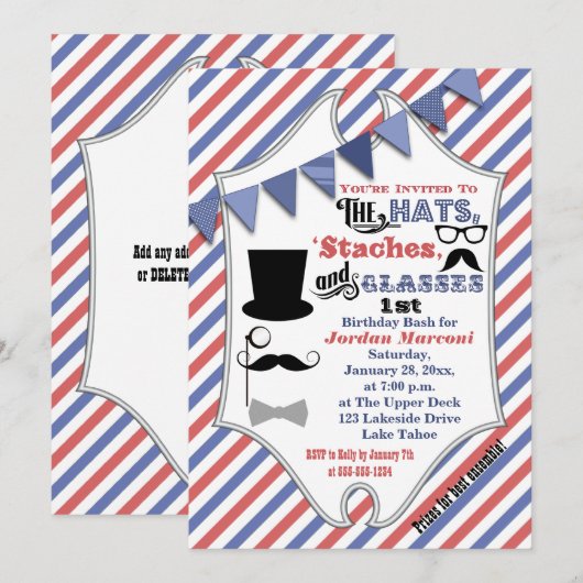 Petten, snorren en brillen 1e verjaardag uitnodige kaart (Voorkant / Achterkant)