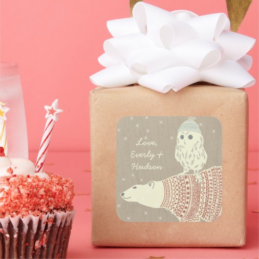 Petten van brei- en haakwerk, van Beer van kippen, Vierkante Sticker (Feest)