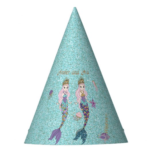 Petten van het tweelingmeisje Mermaid Birthday Par Feesthoedjes (Voorkant)