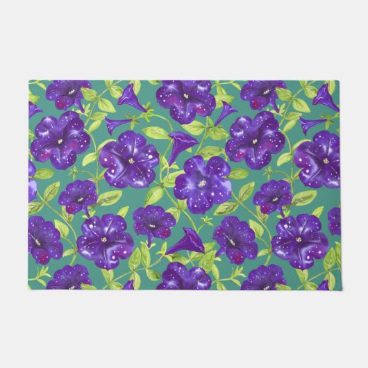Petunia Night Sky op blauwgroen achtergrond Sierku Deurmat (Voorkant)