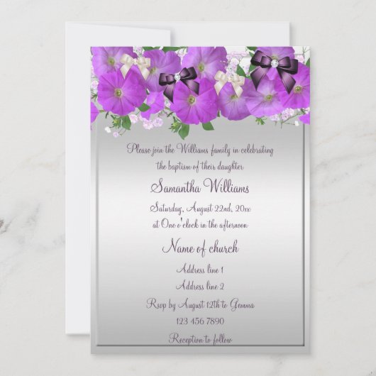 Petunias & Bows Meisjes Doop Kaart (Voorkant)