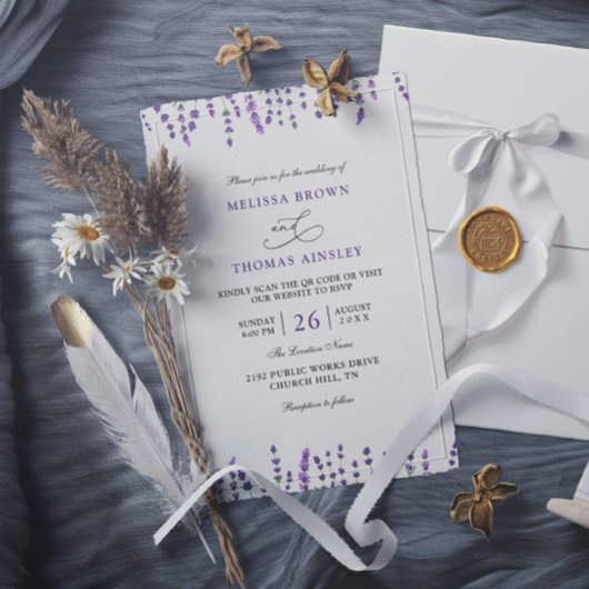 Peurple Lavendel Bloemige Budget QR Code Bruiloft Kaart