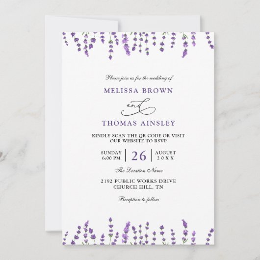 Peurple Lavender Floral Budget QR Code Wedding Kaart (Voorkant)