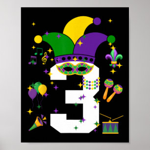 Peuter 3e verjaardag Mardi Gras thema 3 jaar oud Poster