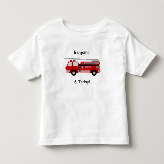 Peuter Fire Truck T-shirt met naam & "6 Vandaag!" (Voorkant)
