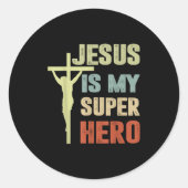 Peuter Jesus is mijn superheld Christelijk Godszoo Ronde Sticker (Voorkant)