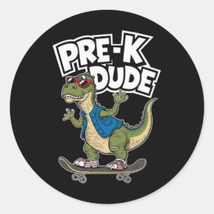Peuter Jongen Dinosaur Skateboarden Kleuterschool Ronde Sticker