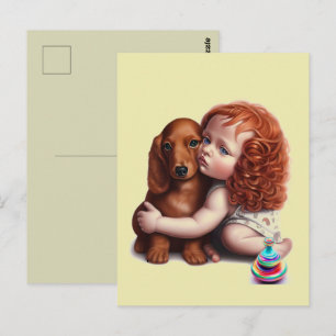 Peuter met rode haren omhelst Dachshund-ansichtkaa Briefkaart