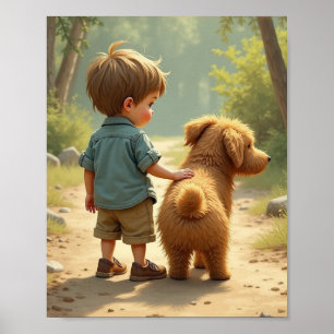 Peuter met zijn pluizige pup poster