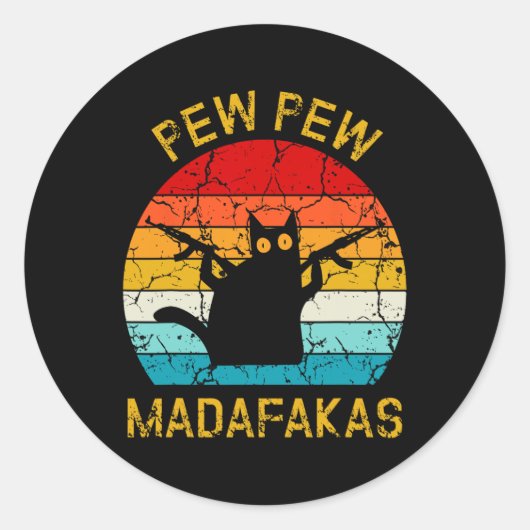 Pew Madafakas Pew Pistolen Funny Black Cat Retro V Ronde Sticker (Voorkant)