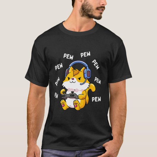 Pew Pew Gamer Kat Videospel Katten Gamen Kitty Lie T-shirt (Voorkant)