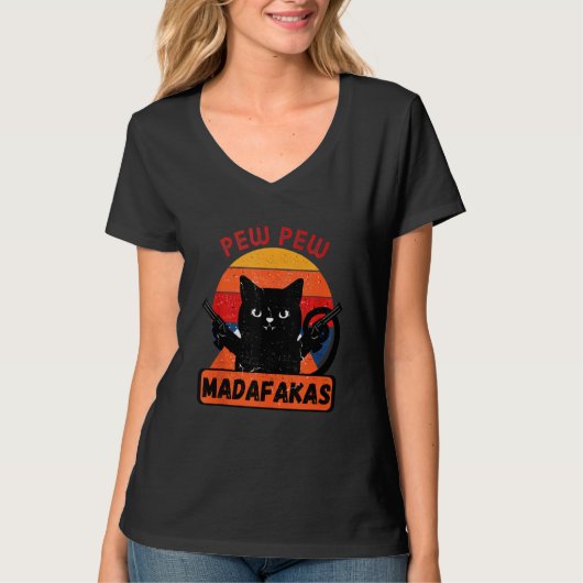 Pew Pew Madafakas Retro Cat T-shirt (Voorkant)