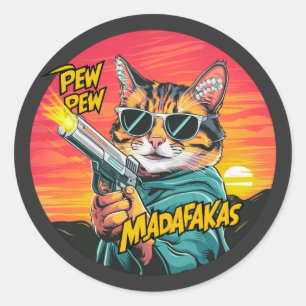 Pew Pew Madafakas - zon set stijl en grappige kat Ronde Sticker