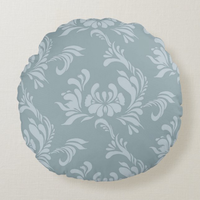 Pewter Blauw en Zink Damast Rond Accent Kussen (Voorkant)