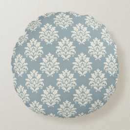 Pewter Blue en Alabaster Damask RoundThrow Kussen
