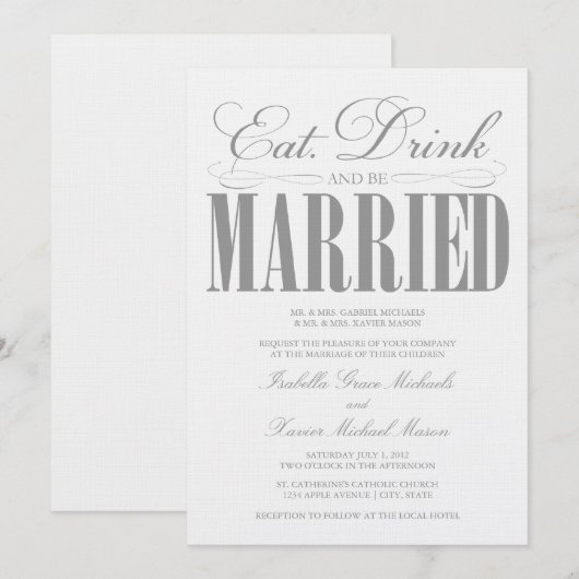 Pewter Eat, Drink & getrouwd zijn | bruiloft uitno Kaart (Voorkant / Achterkant)